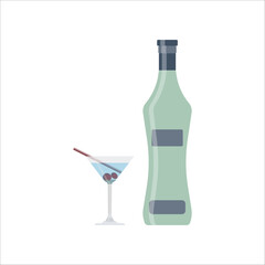 A minimalistic illustration of a bottle of alcohol and a glass of martini with olives and a stick.