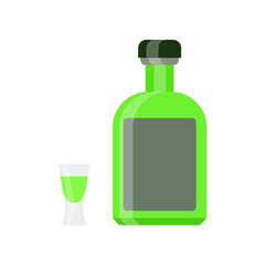 Green bottle with a black cap next to a small glass filled with green liquid. Simple vector illustration for beverage designs. Can be used in marketing materials, menus, or product labels.