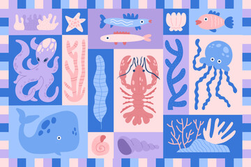 cartoon vector set with ocean animals and plants