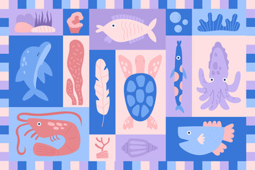 cartoon vector set with ocean animals and plants