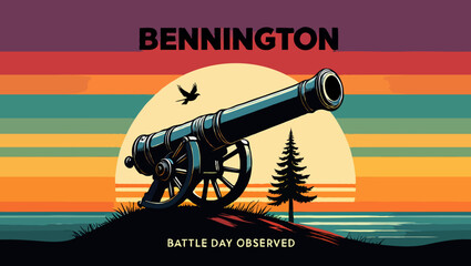 Vector art of cannon silhouetted against sunset for bennington battle day observed