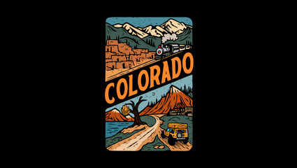 Obraz premium Vector art of a vintage illustration of colorado landscape with mountains and a train