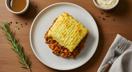 A single slice of shepherd’s pie with a golden, crispy mashed potato topping, styled on a warm rustic wooden background.