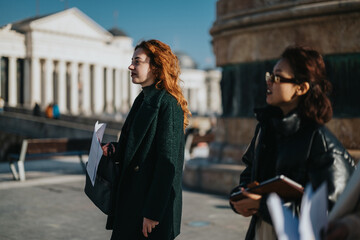 Women engage in an outdoor meeting, discussing strategies for a business project in a professional...