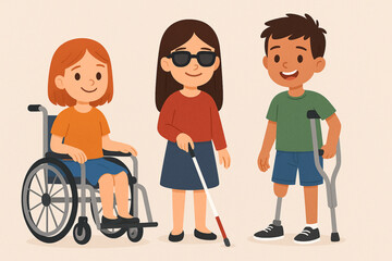 Disability Awareness Illustration – Handicapped Children Including Wheelchair User, Blind Girl & Amputee Boy