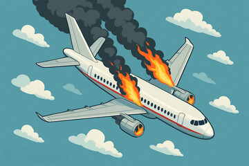 Detailed Isometric Airplane Crash Illustration – RGB Vector Art of Falling Aircraft with Engines on Fire