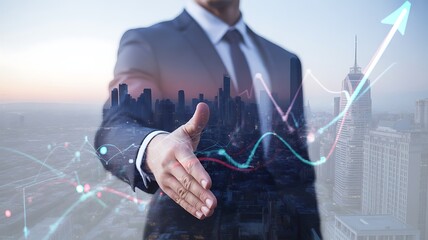 Businessman offering handshake with financial growth charts over city background agreement