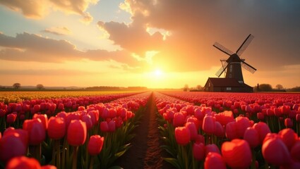 Tulip Field with Windmill at Sunset, Dutch Landscape, Vibrant Colors