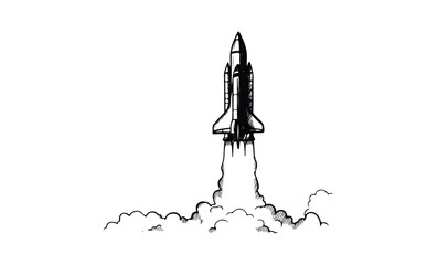 Obraz premium Hand-drawn rocket launch sketch with detailed clouds and smoke trail. Vector retro hand drawn illustration