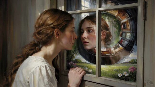 Woman Gazing at Her Reflection in a Distorted Window, Contemplating Identity and Memories