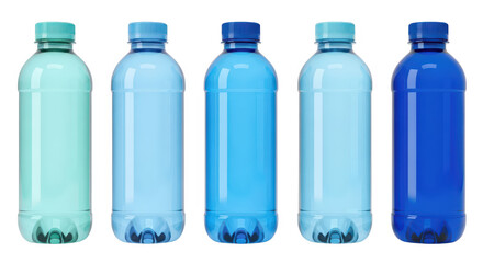 Assortment of five colorful plastic bottles on a white backdrop suggesting freshness and hydration Perfect for marketing health or beverage campaigns