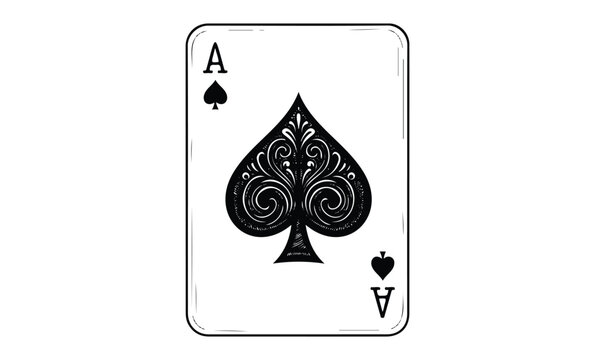 Ace of spades card with ornate design and intricate details. Vector retro hand drawn illustration