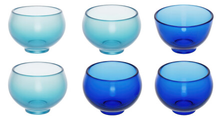 Six colored transparent glass sake cups arranged in rows on white background used for beverage service with focus on the blue-toned shades