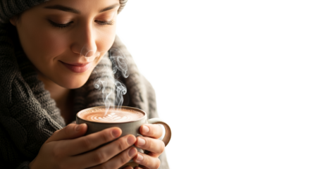 Woman enjoying a warm drink in winter cozy feeling