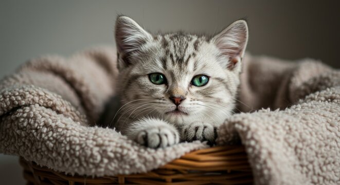  Silver tabby kitten in cozy basket a purrfect pet photo