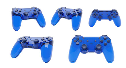 Blue game controllers multiple angles on a white background for gaming or video game related digital media usage