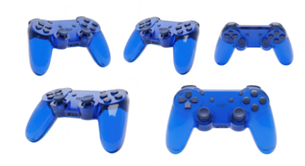 Blue game controllers multiple angles on a white background for gaming or video game related digital media usage