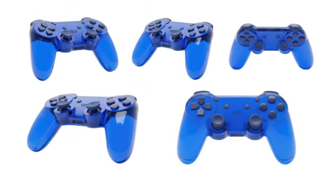 Blue game controllers multiple angles on a white background for gaming or video game related digital media usage