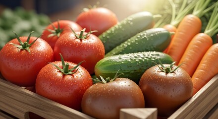 Fresh tomatoes, cucumbers, and carrots fill a wooden crate, ready for market, glistening with droplets, suggesting a recent harvest or a refreshing wash, embodying nature's bounty cucumbers, carrots, 