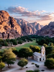 Desert Oasis Serenity with Ancient Church Amidst Majestic Mountains