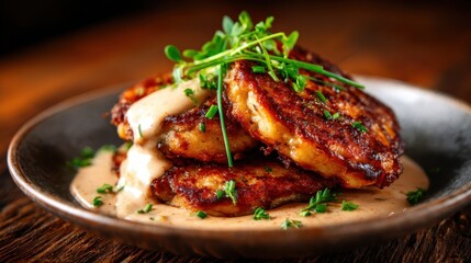 Enjoy a tempting plate of crispy potato cakes topped with a rich sauce and fresh herbs, presenting a mouthwatering fusion of flavors in this savory dish.