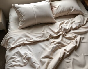 Cozy Bed with Wrinkled White Bedding and Soft Pillows in Natural Light