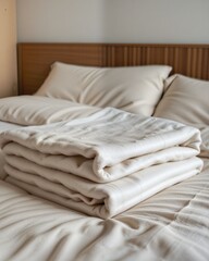 Neatly Folded Soft Blankets on a Cozy Bed with Plush Pillows