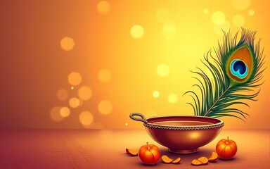 Happy Janmashtami festival banner template design with dahi handi and peacock feather. High quality