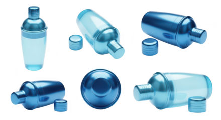Various angles of a metallic cocktail shaker isolated on white showcasing its components and design suitable for beverage advertising