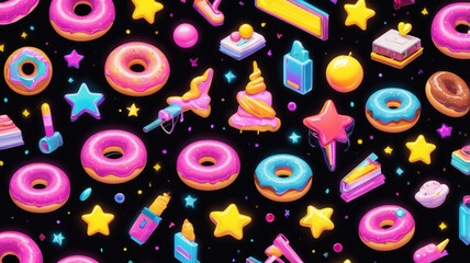 A vibrant, colorful pattern of donuts, stars, cake slices, and other whimsical objects scattered across a dark background.