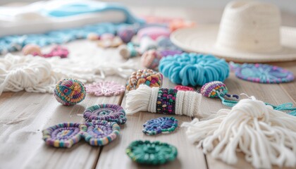 Traditional Hispanic Crafts and Decorations Displayed on Wooden Table