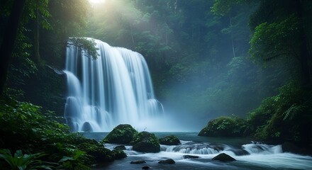 Majestic waterfall cascades down into a river surrounded by lush green foliage and mossy rocks during a peaceful day in a tropical rainforest environment nature, landscape, water, rocks, stream, jung