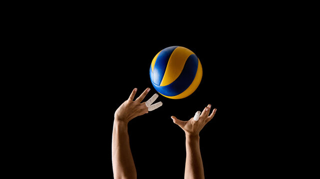 Hands preparing to catch volleyball against black background. Concept of upward pass, hand-eye sync, strength imagery, and motivational sport campaign visuals. - Powered by Adobe