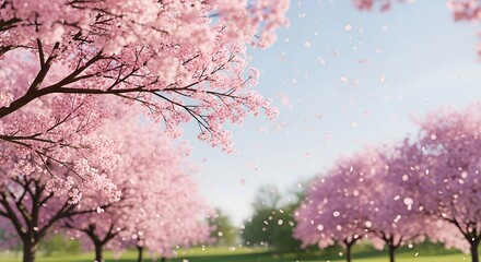 Obraz premium Pink cherry blossom trees in bloom create a beautiful canopy as petals fall gently to the ground on a bright, sunny day in Springtime at a park falling, spring, springtime, nature, park, bloom, garde