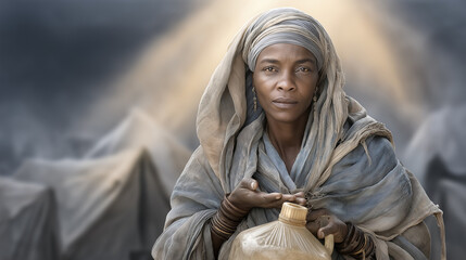 A compassionate responder providing water in a drought-affected village