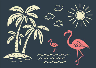 Flat Vector Icons of Tropical Beach Elements with Palm Trees, Flamingos, Sun, and Birds