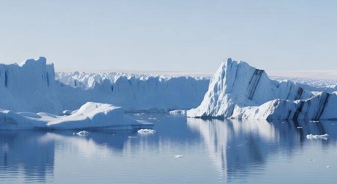 Scenic view of icebergs floating in calm waters during daytime in Greenland, reflecting the imposing structures and highlighting the serene beauty of the Arctic landscape greenland, arctic, antarctica