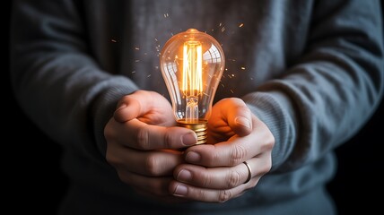 Hands Wearing Ring Holding Glowing Edison Light Bulb with Sparks Edison bulb filament
