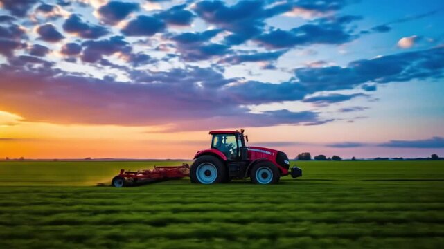 Agricultural tractor cultivating lush green field at sunset with aerial camera shot