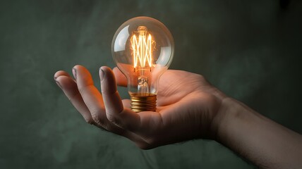 Hand Holding Glowing Edison Light Bulb with Filament Detail Against Dark Background Edison bulb