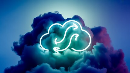 Neon cloud icon with swirling arrows against colorful clouds technology data