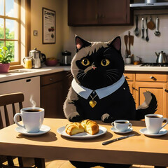 Cartoon cat enjoying breakfast in a cozy kitchen.