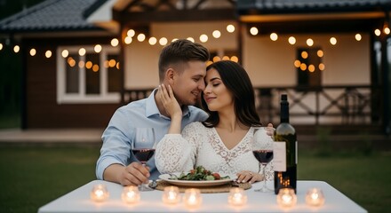 Young couple enjoying a romantic dinner in the yard of their house with wine glasses, candles and salad in the evening while embracing each other with string lights shining behind them wine, glasses,