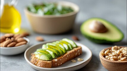 Chef healthy pouring walnuts, oil from a spoon onto a slice is avocado toast, surrounded by of ingredients like almonds, olive and a bowl of greens video 4k - Powered by Adobe