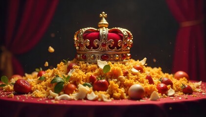 Obraz premium A majestic crown sits atop a lavish, overflowing banquet table, yet remains untouched; a visual metaphor for the insatiable hunger of power, wealth, or ambition , reign, imposing, gold