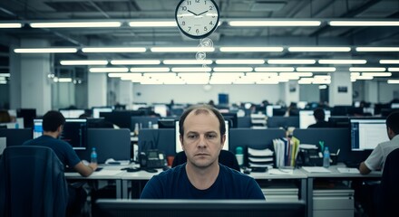 Middle-aged man working at his computer in a large, open-plan office with many colleagues also working, under a visible clock which shows it is almost noon in the modern office building