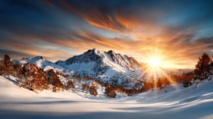 Obraz premium A breathtaking view of snow-covered mountains bathed in the warm glow of a vibrant sunset, showcasing the beauty and tranquility of nature's majestic landscapes.