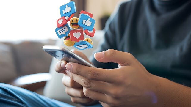 Person using smartphone with social media icons and emojis floating Keywords: social media, smartphone - Powered by Adobe