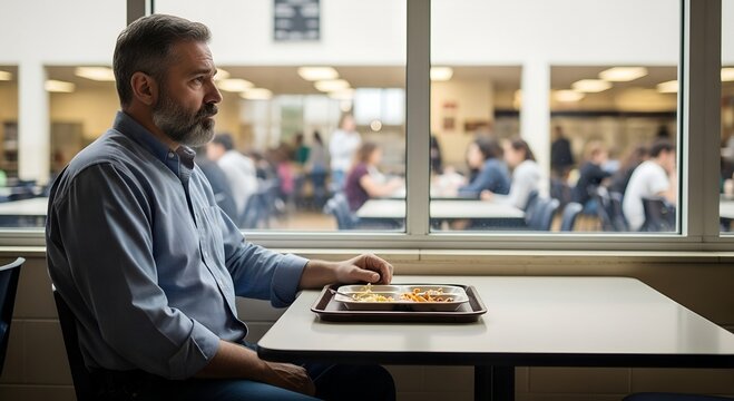 Middle aged man sits alone at lunch table looking melancholy with tray of food in a bright school cafeteria during the daytime, students blur by in the background melancholy, school, middle, aged, bea