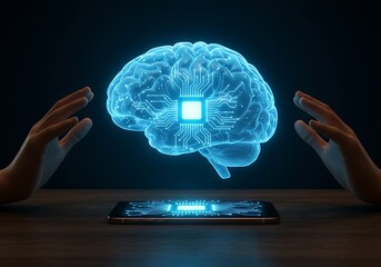 Human Brain Connected to Technology, Futuristic Concept. Generative Ai